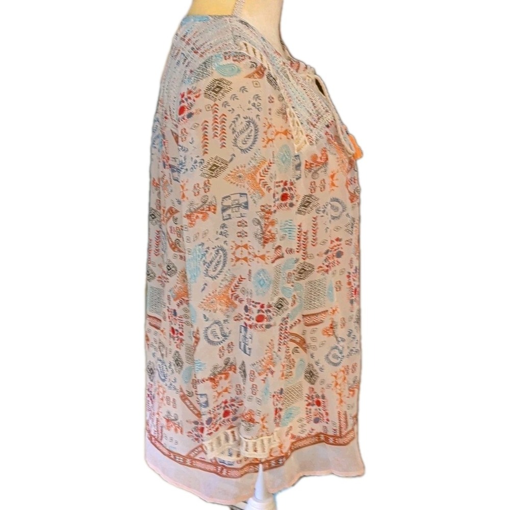 Pale Sky Women's Top Size L 3/4 Sleeve Beige With Rust & Light Blue Print - Picture 4 of 5